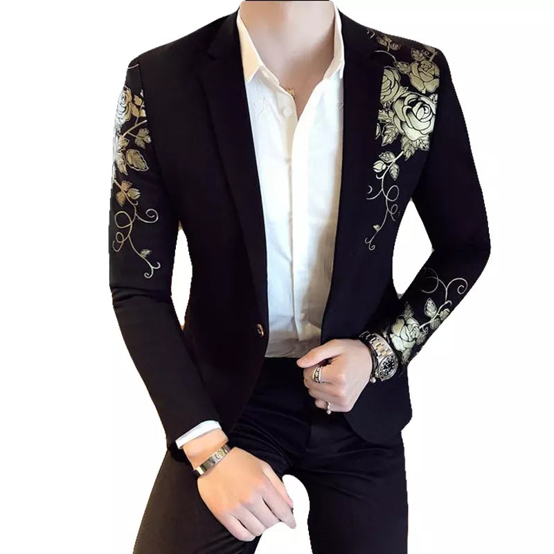 Gold Flower Print One Button Blazer Jacket Men