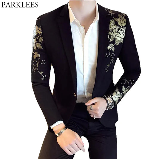 Gold Flower Print One Button Blazer Jacket Men