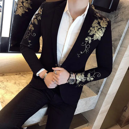 Gold Flower Print One Button Blazer Jacket Men