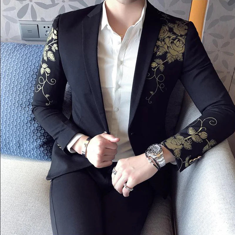 Gold Flower Print One Button Blazer Jacket Men