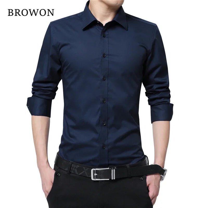 BROWON Men Fashion Blouse Shirt Long Sleeve Business